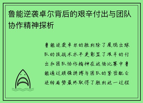 鲁能逆袭卓尔背后的艰辛付出与团队协作精神探析