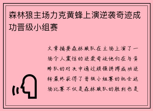 森林狼主场力克黄蜂上演逆袭奇迹成功晋级小组赛