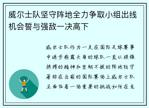 威尔士队坚守阵地全力争取小组出线机会誓与强敌一决高下