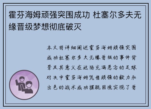 霍芬海姆顽强突围成功 杜塞尔多夫无缘晋级梦想彻底破灭