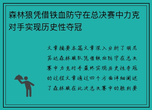 森林狼凭借铁血防守在总决赛中力克对手实现历史性夺冠