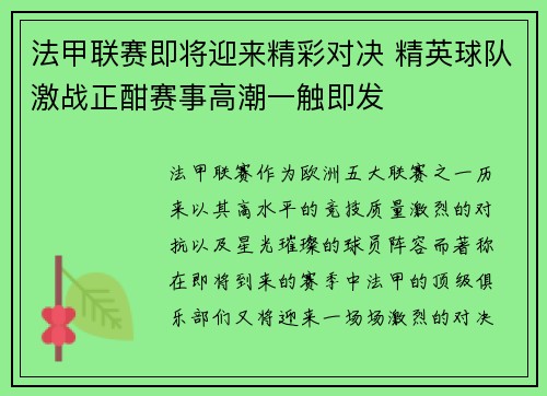 法甲联赛即将迎来精彩对决 精英球队激战正酣赛事高潮一触即发