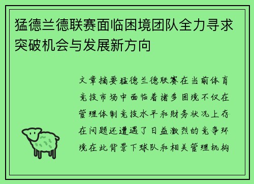 猛德兰德联赛面临困境团队全力寻求突破机会与发展新方向