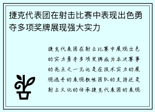 捷克代表团在射击比赛中表现出色勇夺多项奖牌展现强大实力