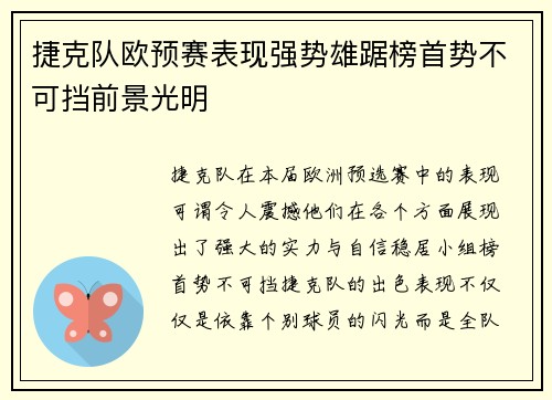 捷克队欧预赛表现强势雄踞榜首势不可挡前景光明