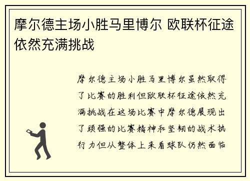 摩尔德主场小胜马里博尔 欧联杯征途依然充满挑战