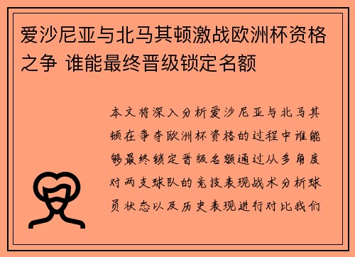 爱沙尼亚与北马其顿激战欧洲杯资格之争 谁能最终晋级锁定名额