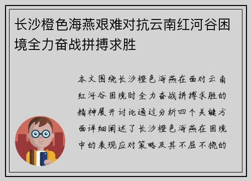 长沙橙色海燕艰难对抗云南红河谷困境全力奋战拼搏求胜