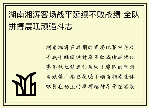 湖南湘涛客场战平延续不败战绩 全队拼搏展现顽强斗志