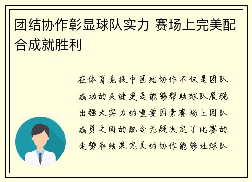 团结协作彰显球队实力 赛场上完美配合成就胜利